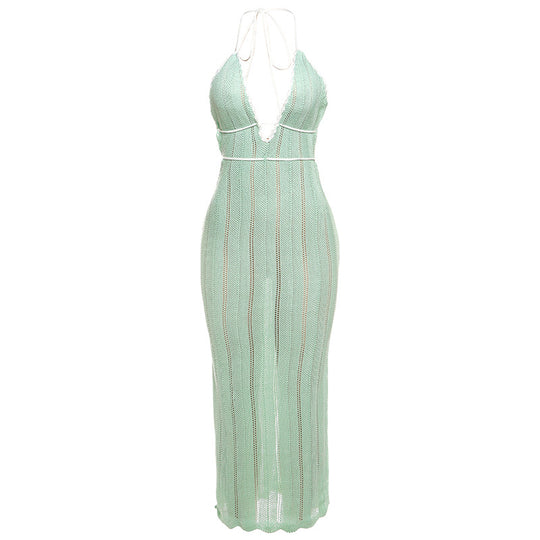 Damen Strick Maxikleid mit tiefem V-Ausschnitt und Bindebändern R&B