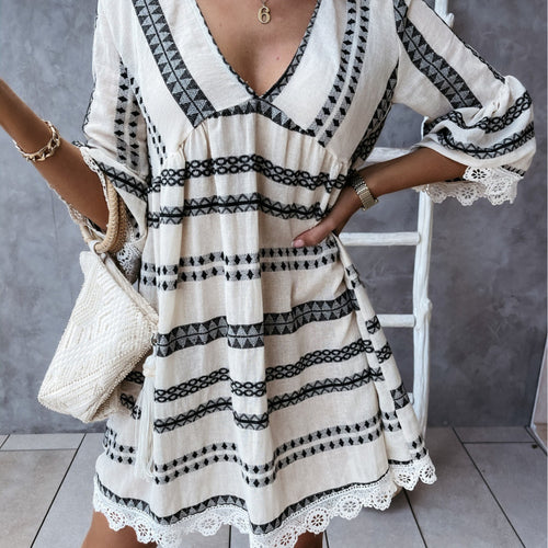 Damen Bohemian-Stil Schlagärmel Mini Kleid R&B