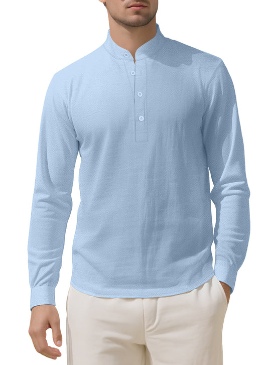 Herren nan Nehru-Kragen-Henley aus Baumwollstretch mit verdeckter Knopfleiste und schmaler Passform R&B