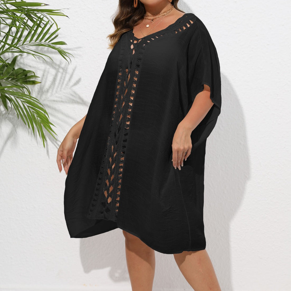 Damen Luftiger Strandkimono mit dekorativer Häkelspitze R&B