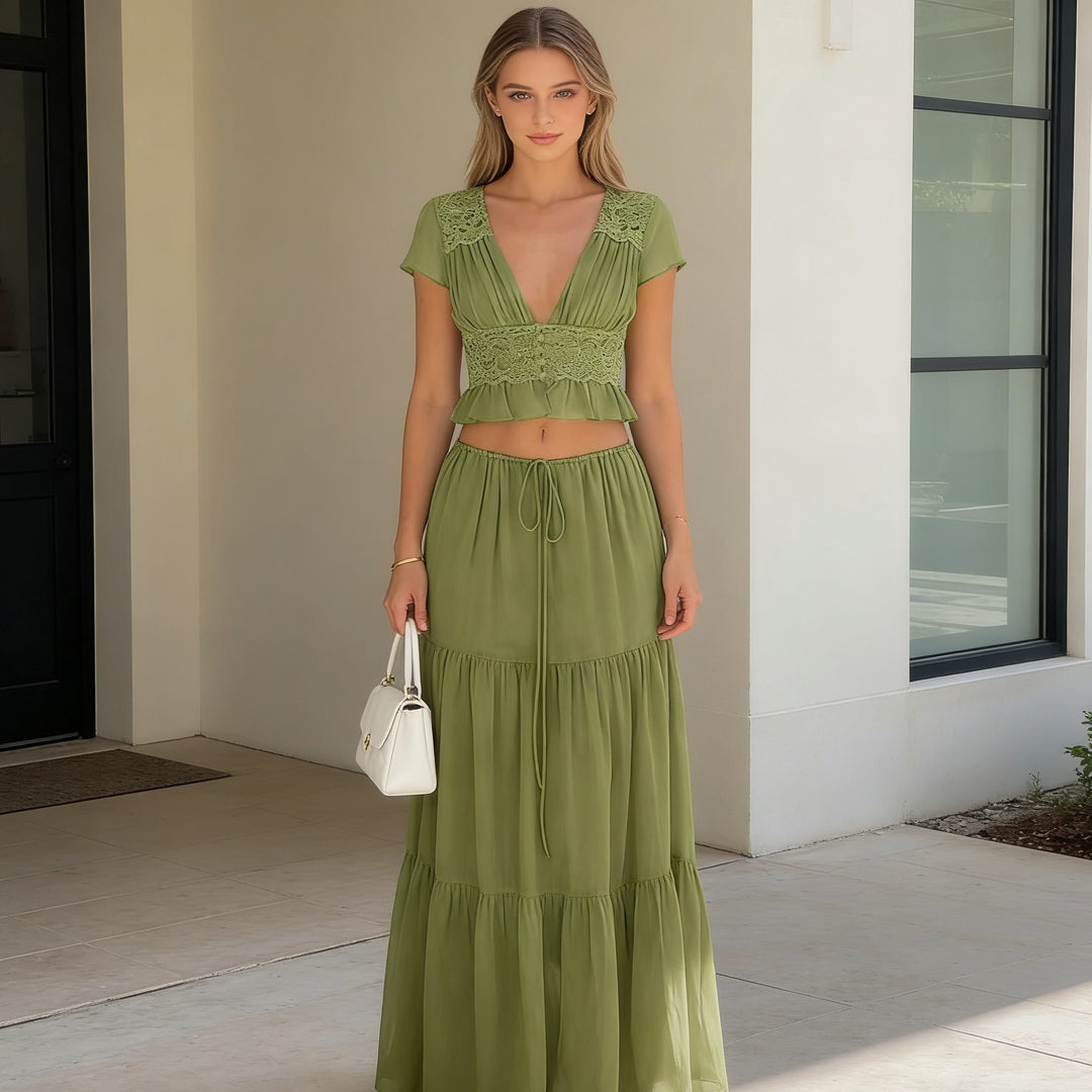 Damen Lässiges Maxi-Kleid mit eleganter Raffung und cropped Top R&B