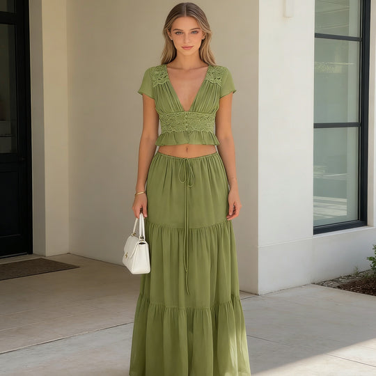 Damen Lässiges Maxi-Kleid mit eleganter Raffung und cropped Top R&B