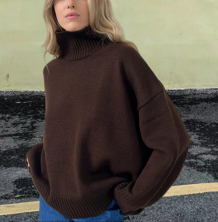 Damen Strickpullover mit hohem Kragen und weitem Schnitt R&B