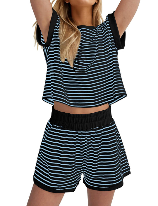 Damen Lässiges gestreiftes Set aus lockerer Oberteil und Shorts R&B