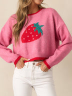 Damen trendiger Pullover mit Erdbeer-Motiv und Kontrastbündchen