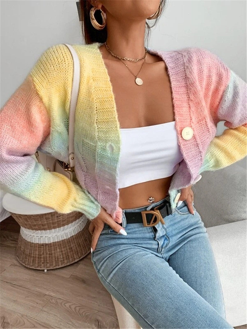 Damen Modischer Oversized-Cardigan mit buntem Farbverlauf und Knopfdetails R&B