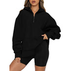 Damen Oversize Kapuzenpullover mit halbem Reißverschluss R&B