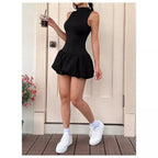 Damen trendiges Mini-Kleid mit hohem Kragen und voluminösem Rock R&B