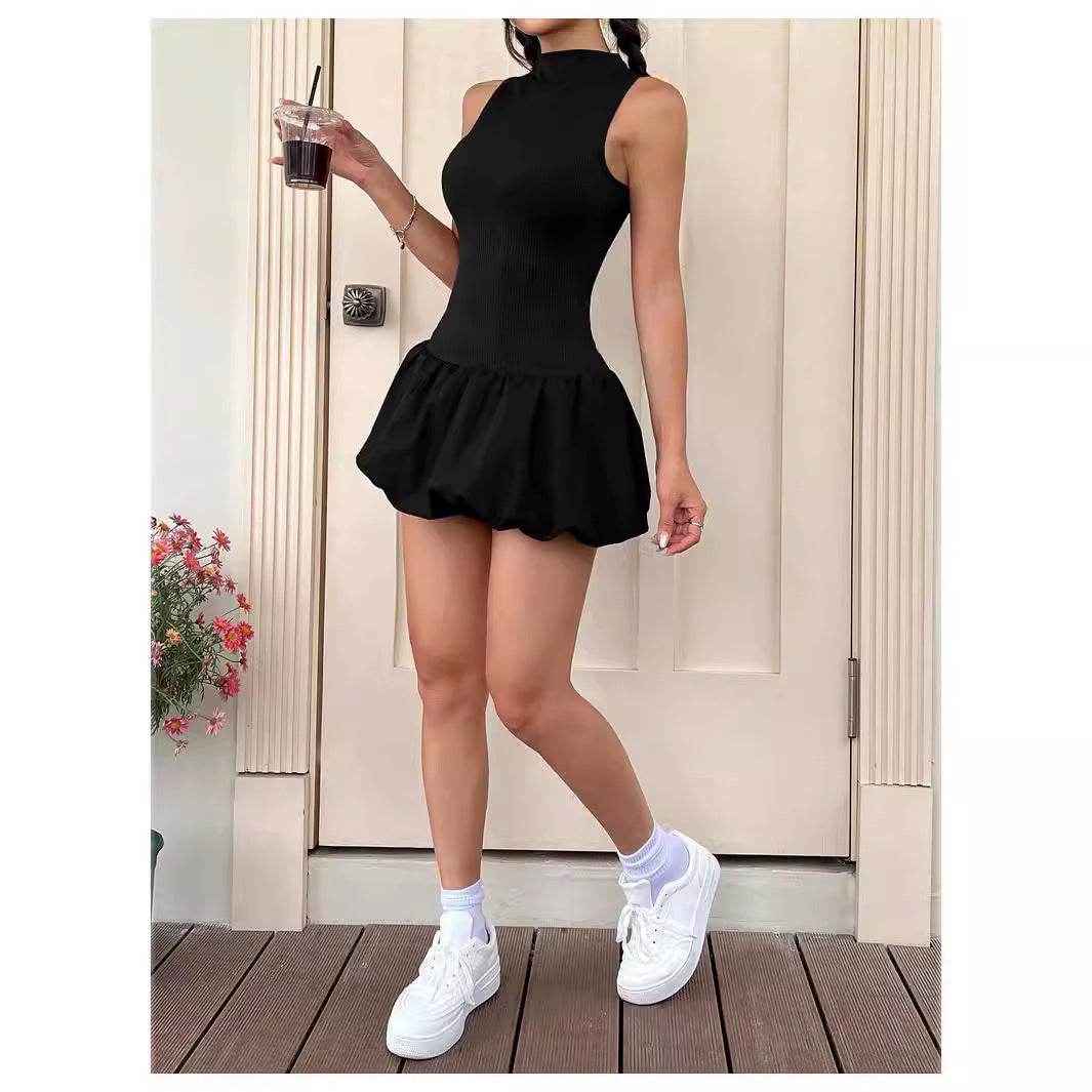 Damen trendiges Mini-Kleid mit hohem Kragen und voluminösem Rock R&B
