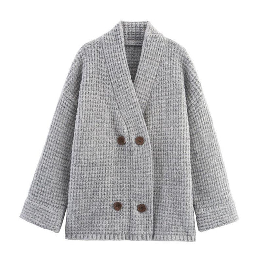 Damen gesteppte Strickjacke mit dekorativem Knopfverschluss und hohem Kragen R&B