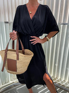 Damen lässiges Maxi-Kleid mit tiefem V-Ausschnitt und elastischem Taillenbund R&B