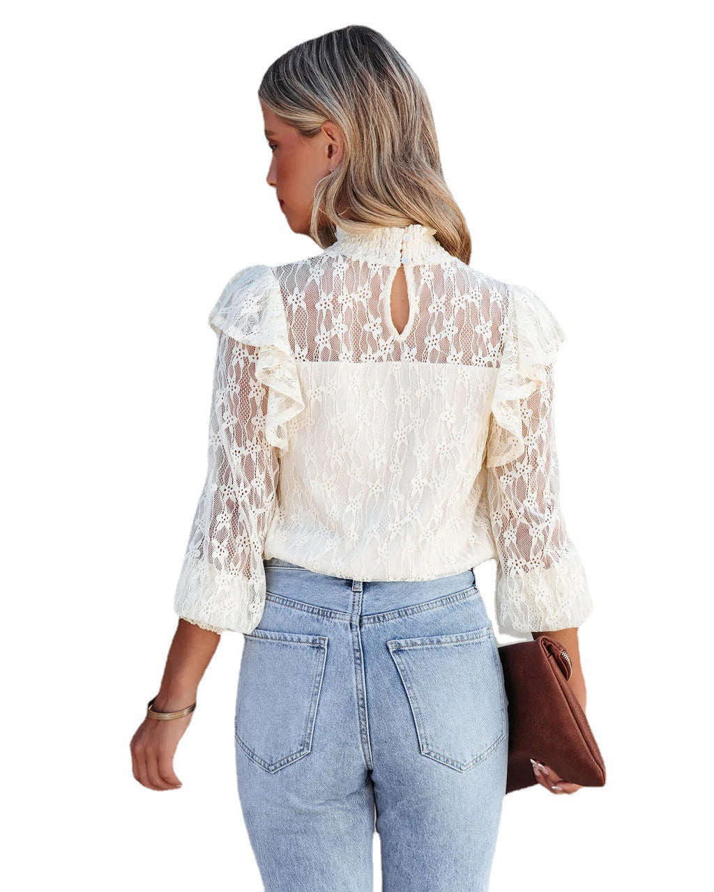Damen Spitzenbluse mit Rüschendetails und elegantem Stehkragen R&B