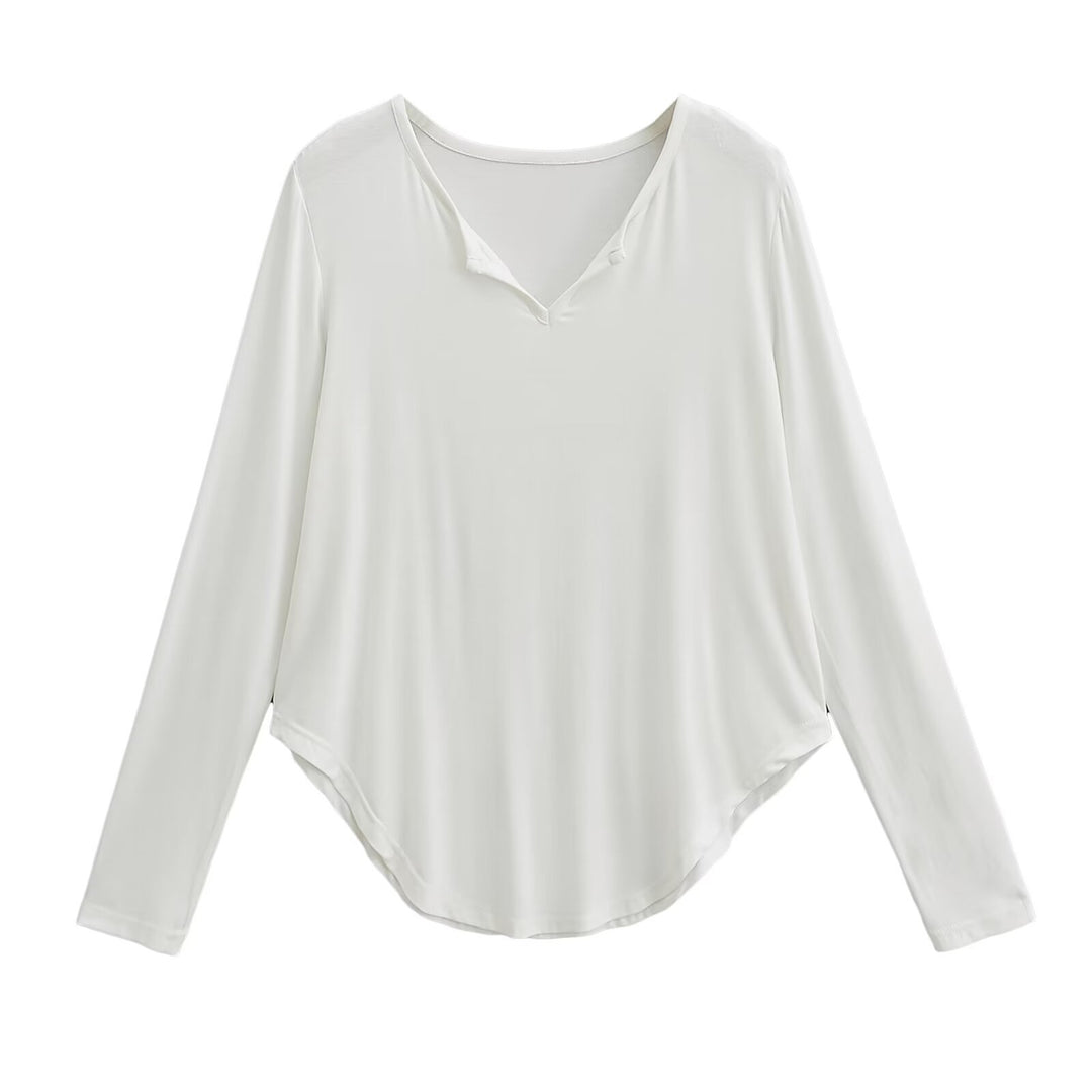 Damen lässiges Longsleeve-Oberteil mit V-Ausschnitt und geschwungenem Saum R&B