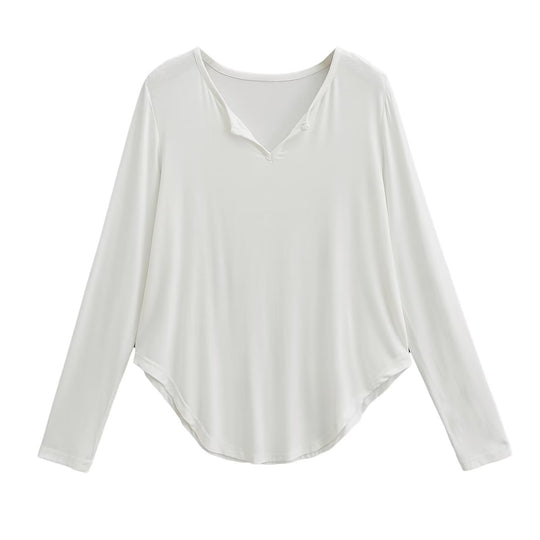 Damen lässiges Longsleeve-Oberteil mit V-Ausschnitt und geschwungenem Saum R&B