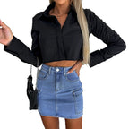 Damen cropped Bluse mit elegantem Kragen und praktischen Taschen R&B