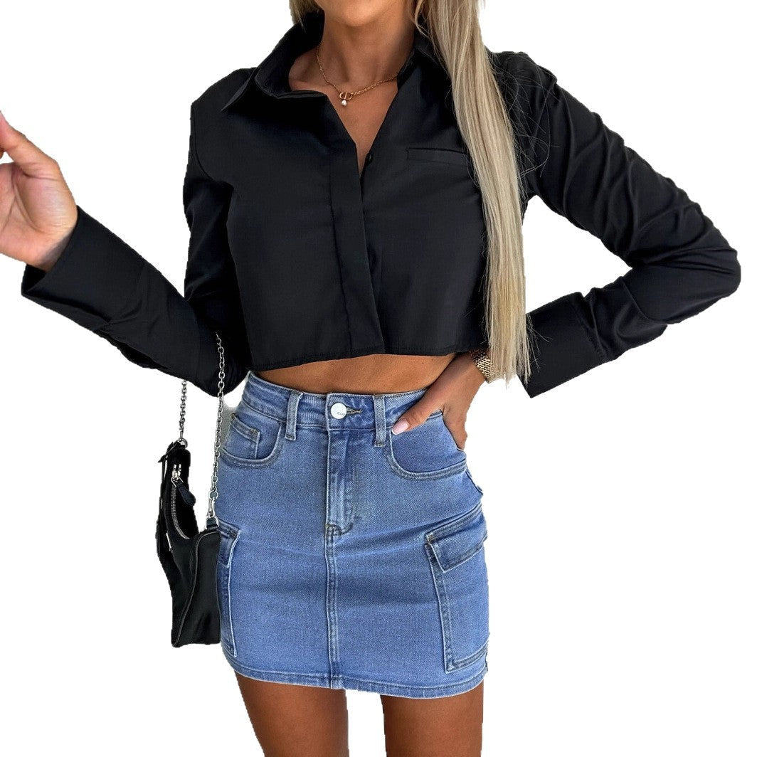 Damen cropped Bluse mit elegantem Kragen und praktischen Taschen R&B