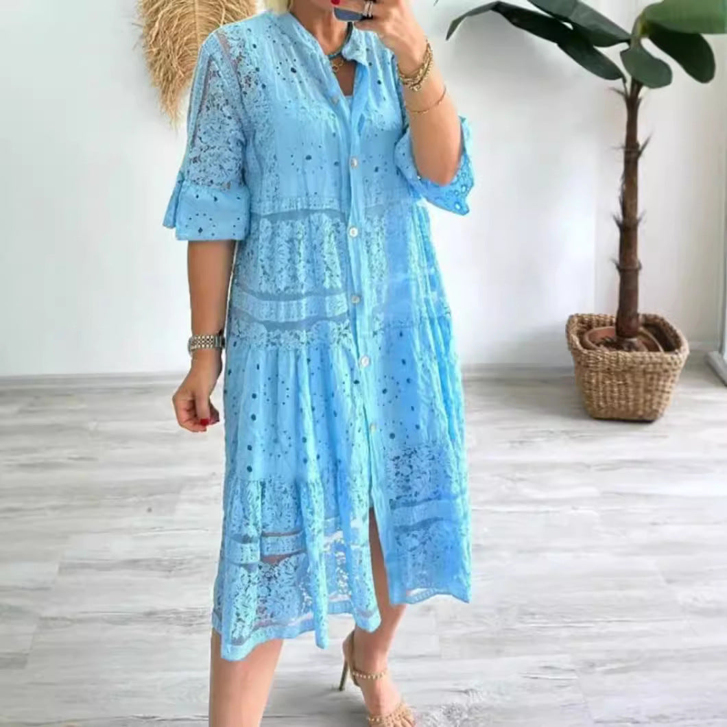 Damen nan Hemdblusen-Midikleid mit Spitzen-Einsätzen, Stufenrock und durchgehender Knopfleiste R&B