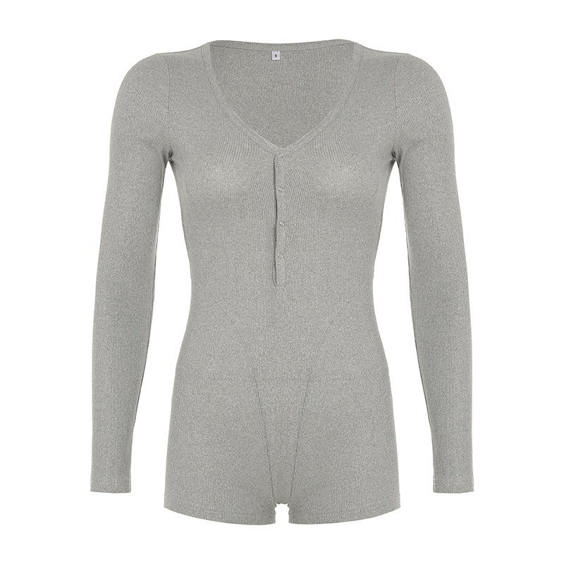 Damen Langarm-Bodysuit mit V-Ausschnitt und Knopfleiste R&B