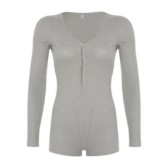 Damen Langarm-Bodysuit mit V-Ausschnitt und Knopfleiste R&B
