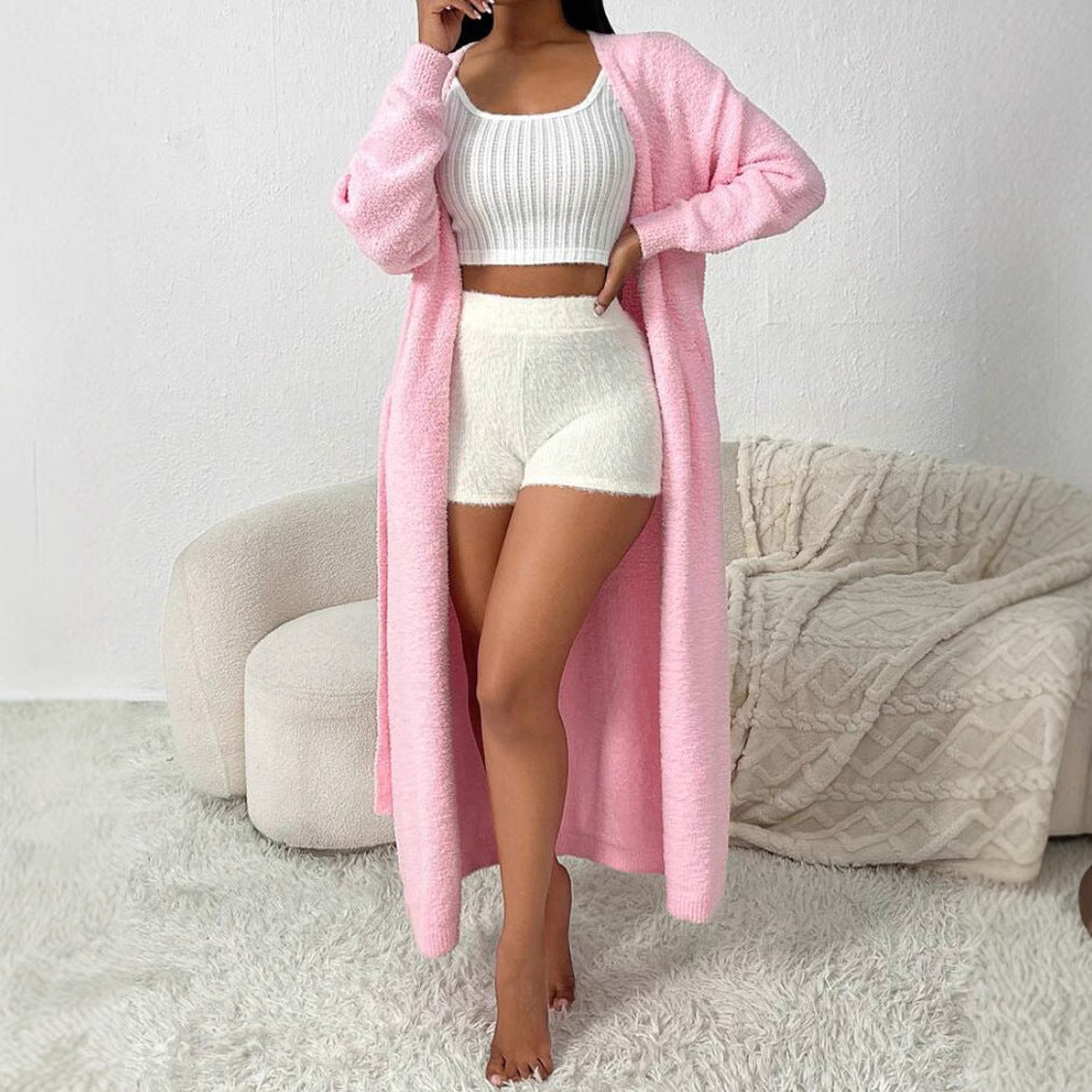 Damen Langer, flauschiger Cardigan mit Bindegürtel und V-Ausschnitt R&B