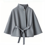 Damen elegante Umhangjacke mit Bindegürtel und hochgeschlossenem Kragen R&B