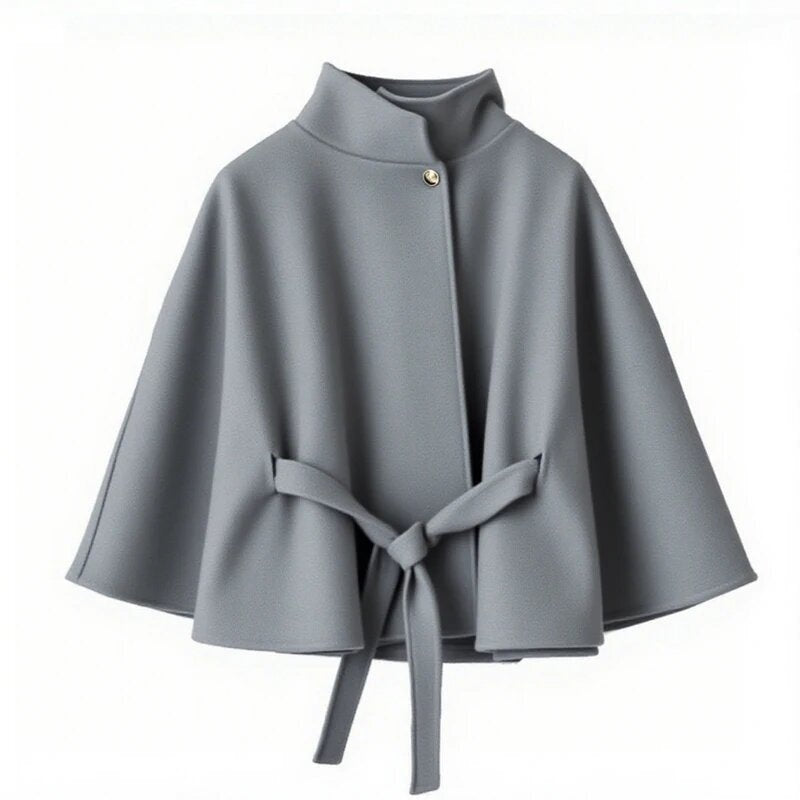 Damen elegante Umhangjacke mit Bindegürtel und hochgeschlossenem Kragen R&B