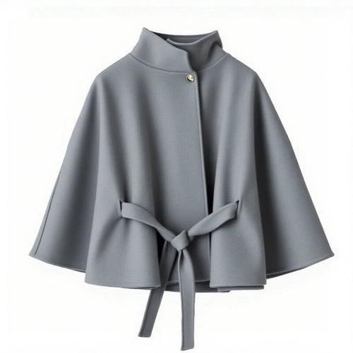 Damen elegante Umhangjacke mit Bindegürtel und hochgeschlossenem Kragen R&B