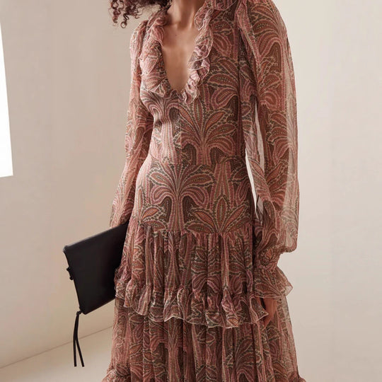 Damen Maxikleid mit rüschenverziertem Gewebe und elegantem V-Ausschnitt R&B