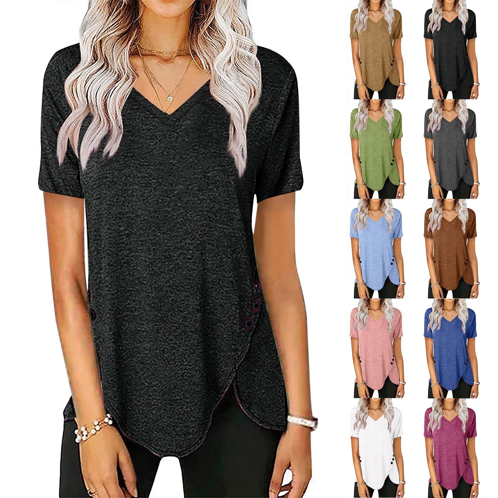 Damen lässiges V-Ausschnitt T-Shirt mit asymmetrischem Saum und dekorativen Knopfdetails R&B