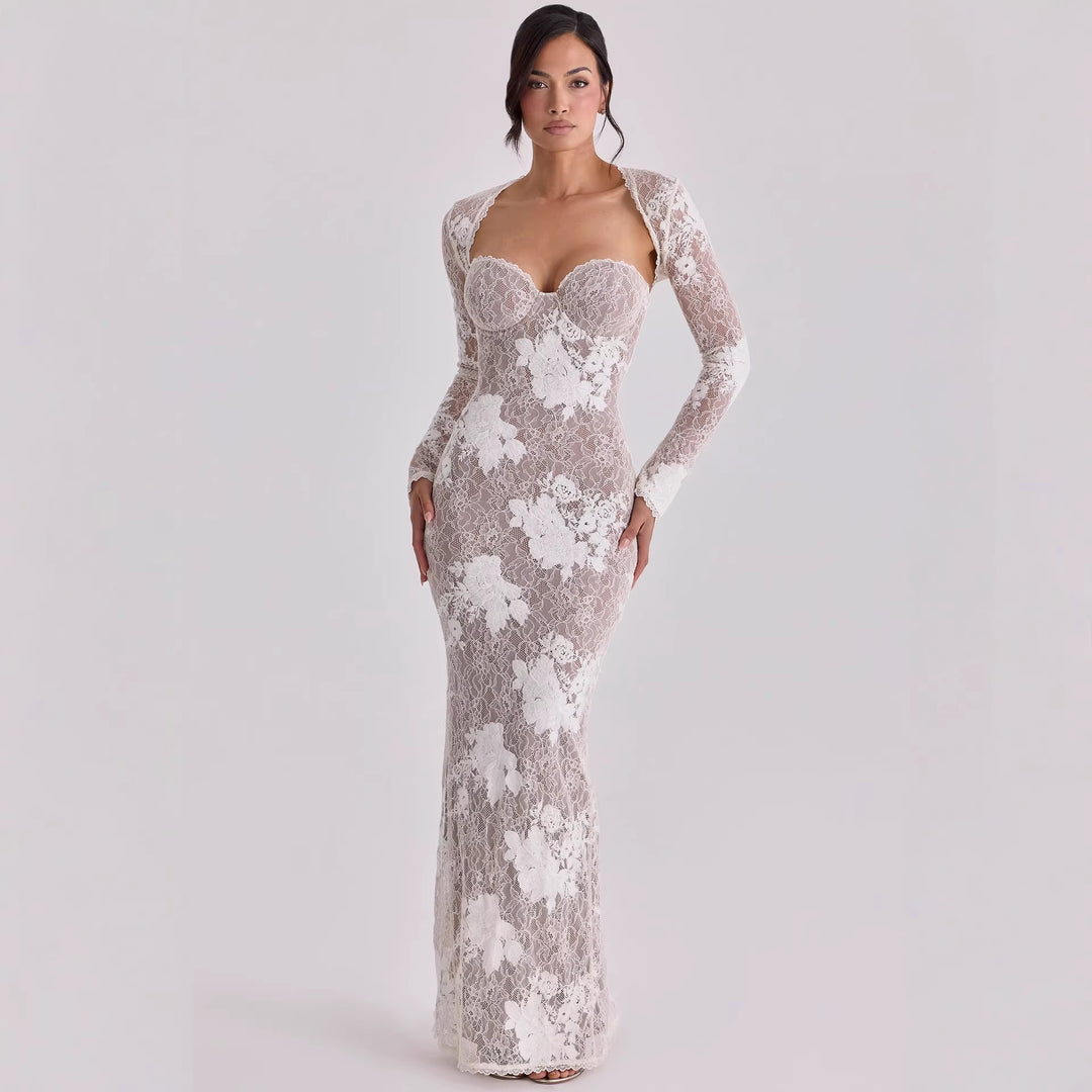 Damen Elegantes Spitzenabendkleid mit langem Arm und verführerischem Schnitt R&B