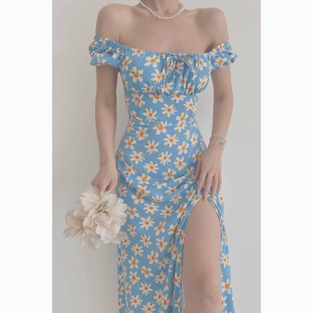 Damen Off-Shoulder Maxikleid mit floralem Design und elegantem Schlitz R&B