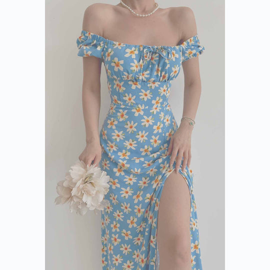 Damen Off-Shoulder Maxikleid mit floralem Design und elegantem Schlitz R&B