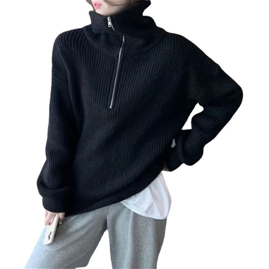Damen Leichter Strickpullover mit hohem Kragen und Reißverschluss R&B