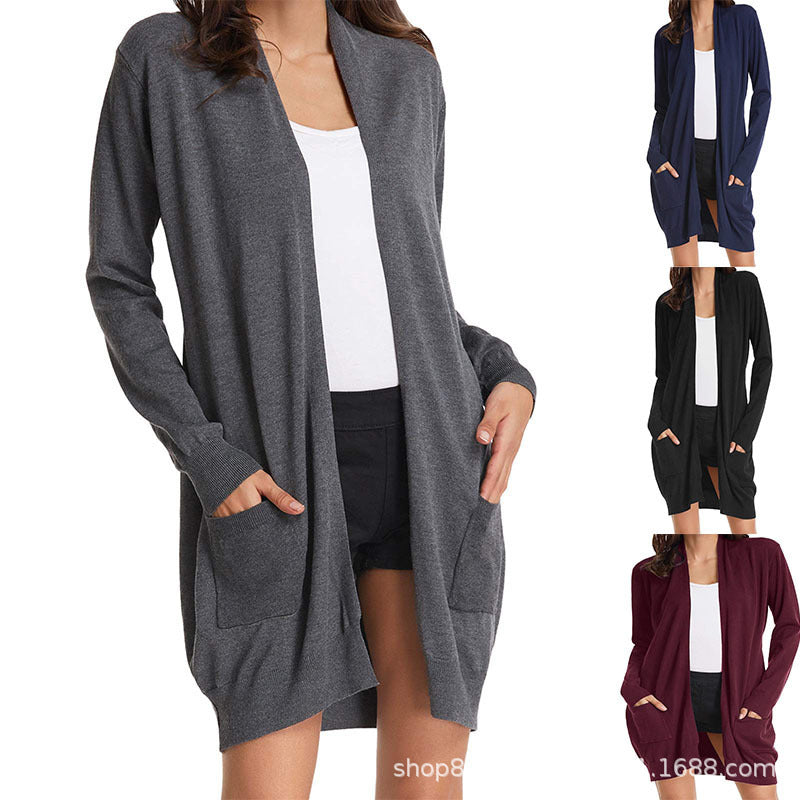Damen Lange Strickjacke mit offenen Front und praktischen Taschen R&B
