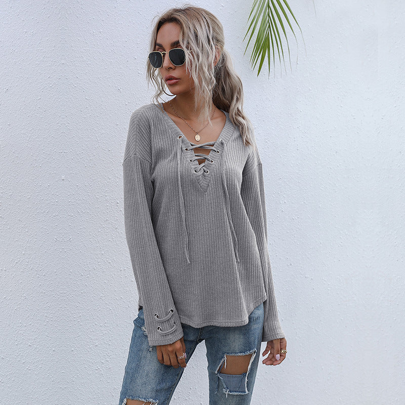 Damen lässiger Pullover mit V-Ausschnitt und Schnürung R&B