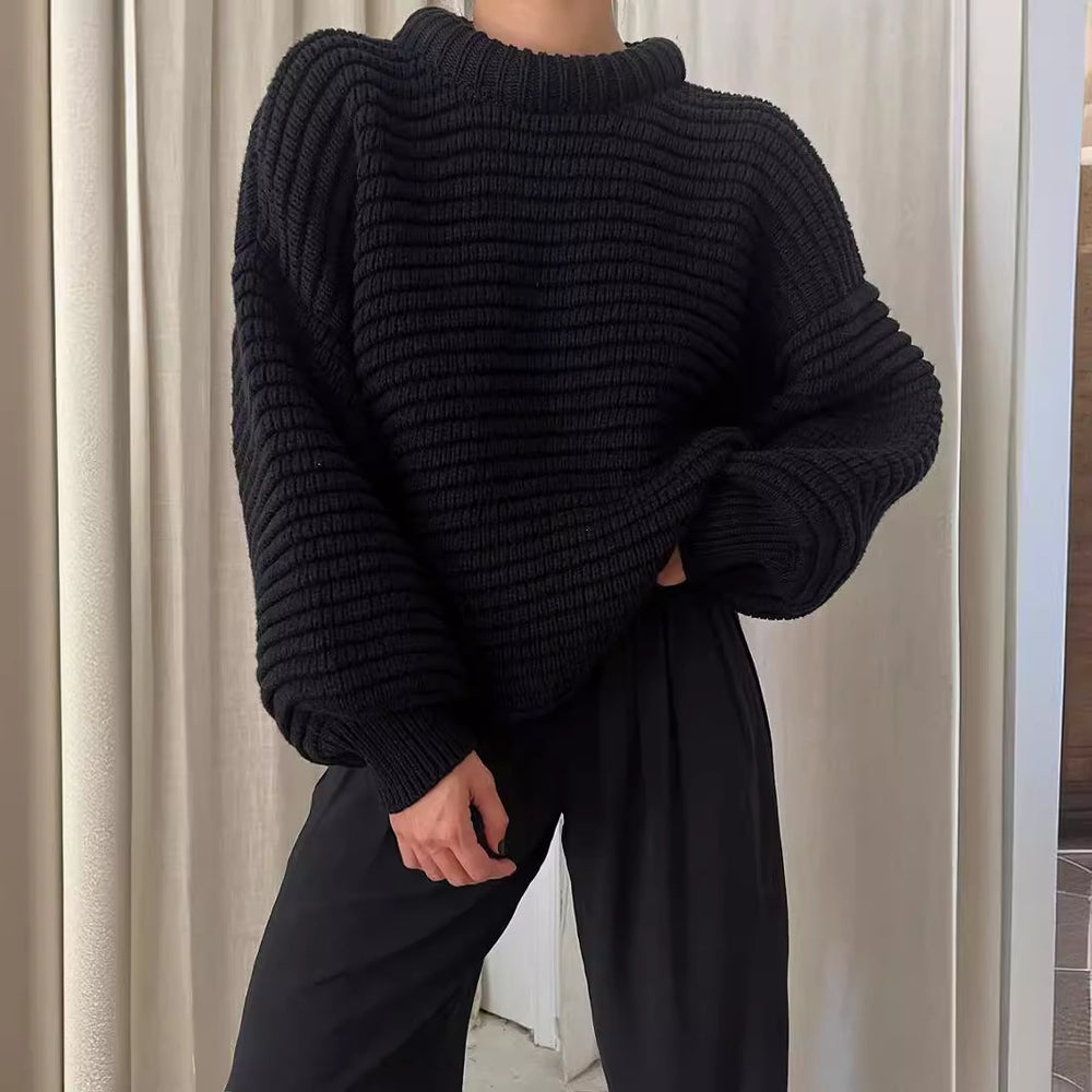 Damen lässiger Strickpullover mit Rollkragen und Rippstruktur R&B