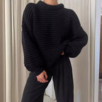 Damen lässiger Strickpullover mit Rollkragen und Rippstruktur R&B