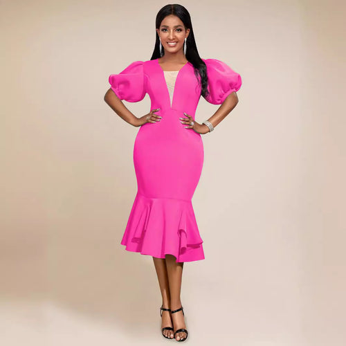 Damen figurbetontes Kleid mit voluminösen Puffärmeln und elegantem Rüschenabschluss R&B