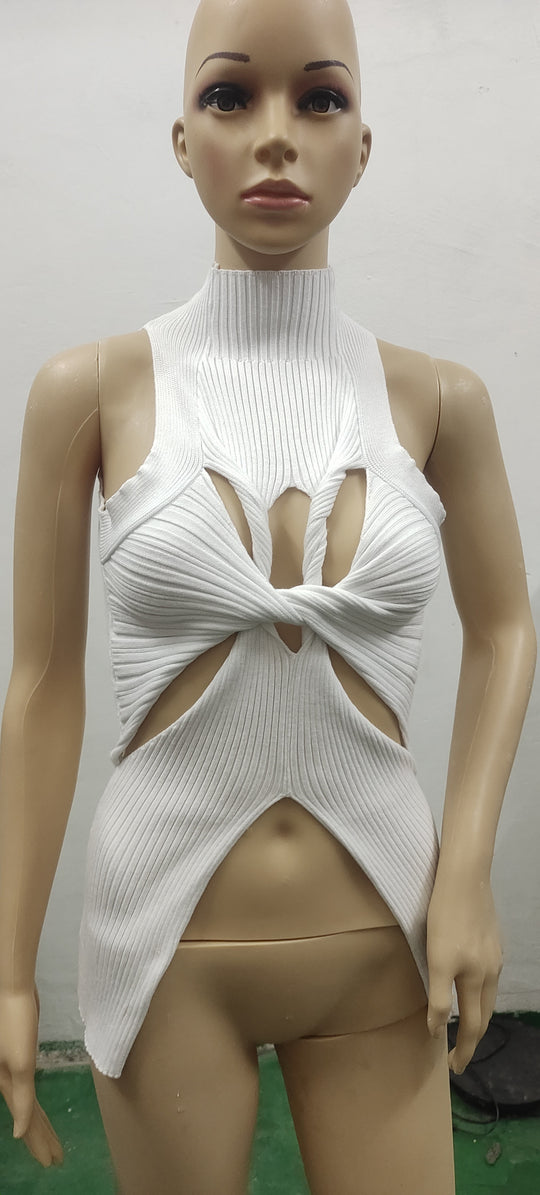 Damen figurbetontes Cut-Out Top mit hohem Kragen R&B