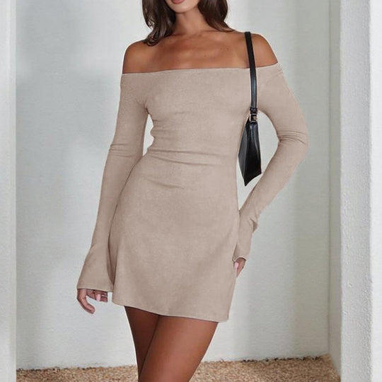 Damen elegantes schulterfreies Minikleid mit langen Ärmeln und figurbetontem Schnitt R&B