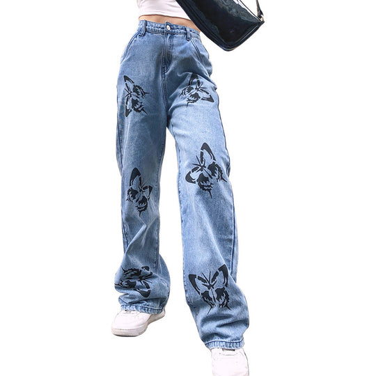 Damen weite Jeans mit auffälligem Schmetterlingsdruck R&B