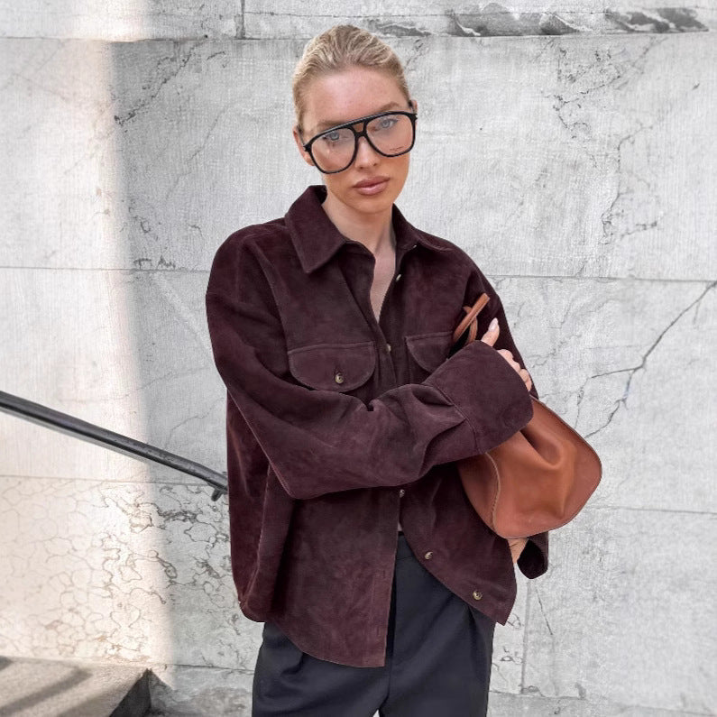 Damen Modische Suede Oversized Hemdjacke mit praktischen Taschen R&B