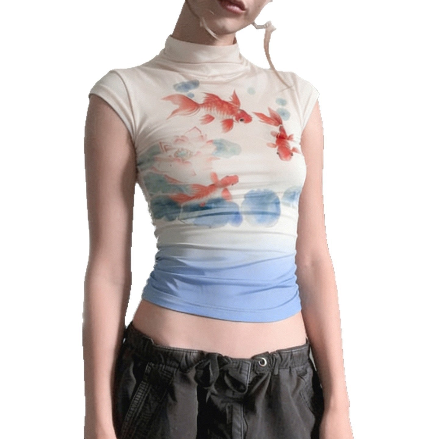 Damen figurbetontes T-Shirt mit eleganter Goldfisch-Illustration R&B