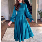 Damen Fließendes Abendkleid mit eleganten Puffärmeln und hohem Kragen R&B
