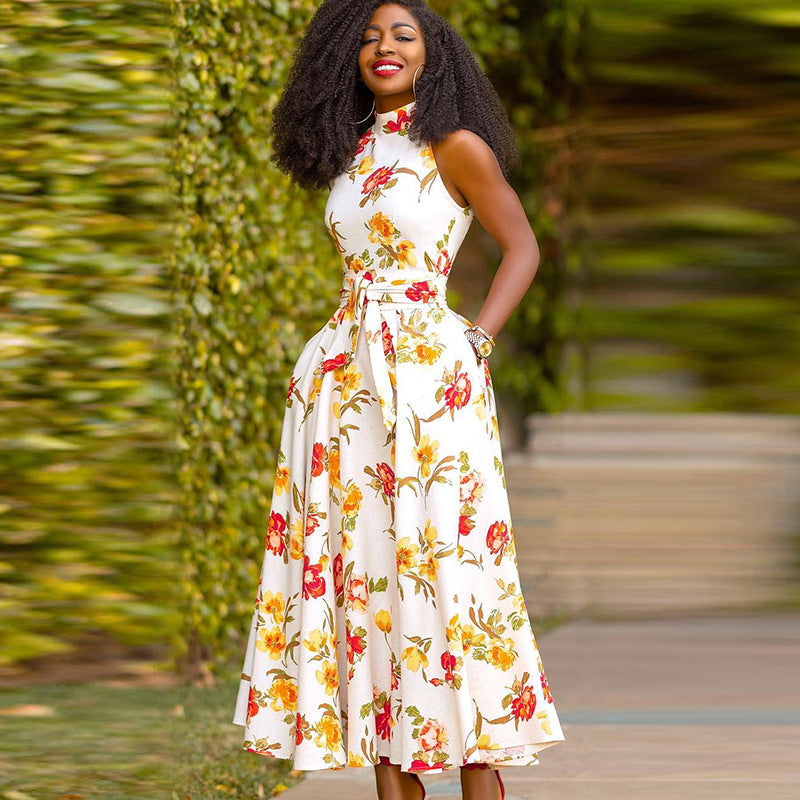 Damen Maxikleid mit floralem Design und elegantem Gürtel R&B