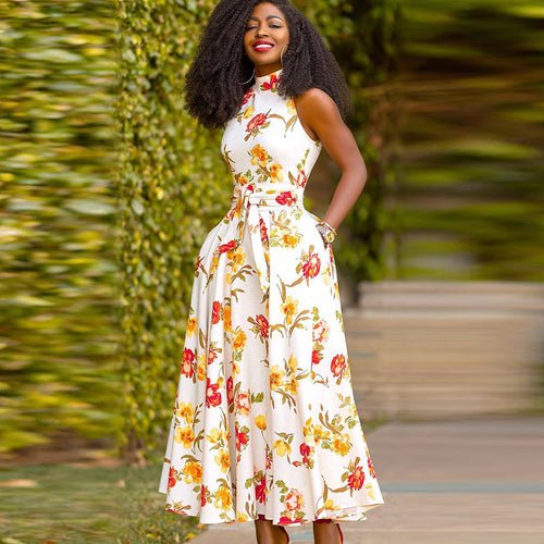 Damen Maxikleid mit floralem Design und elegantem Gürtel R&B