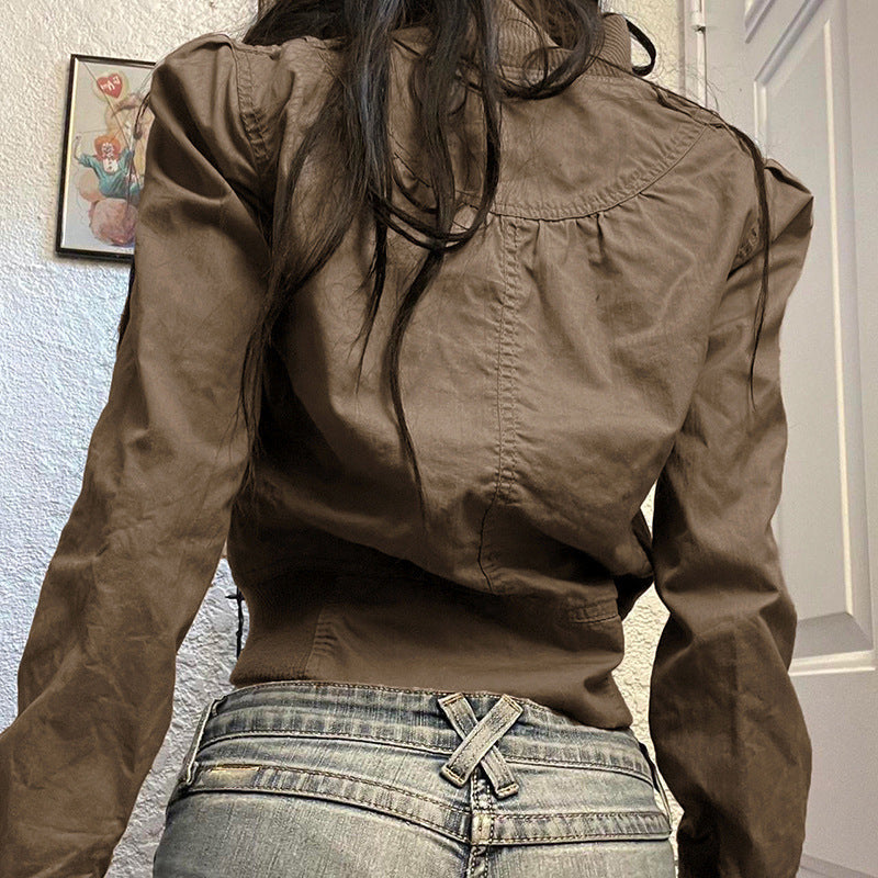 Damen modische cropped Jacke mit Stehkragen und Reißverschluss R&B