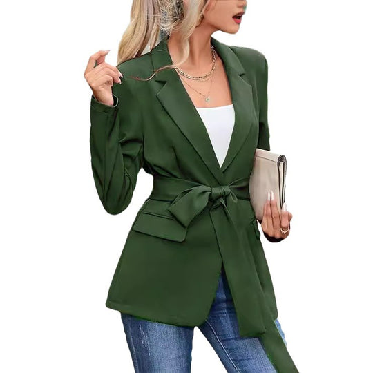 Damen eleganter Blazer mit Taillengürtel und Taschen R&B