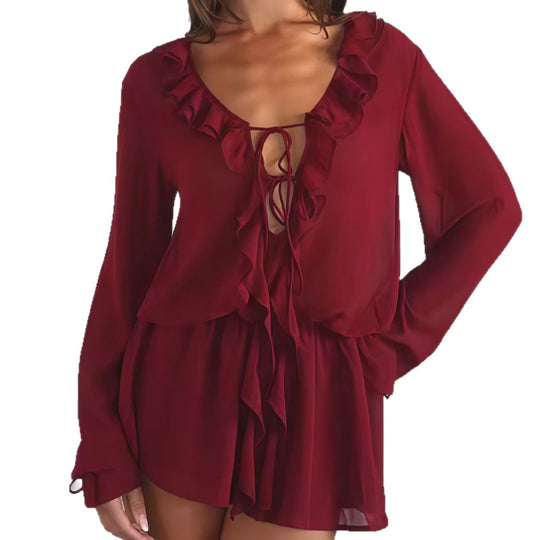 Damen Chiffonbluse mit eleganter Rüschendekoration und tiefem V-Ausschnitt R&B