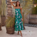 Damen Maxikleid mit voluminösem Rock und kreativem Blattdruck R&B
